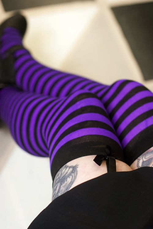 Striped Nylon Thigh High - Black & Purple