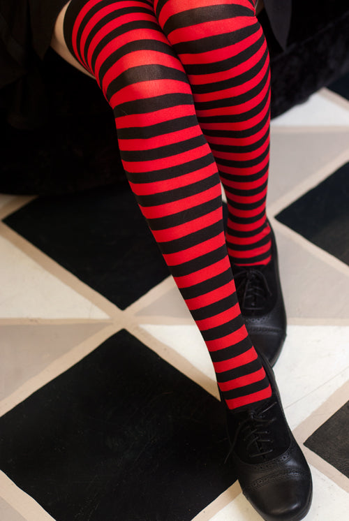 Striped Nylon Thigh High - Black & Red