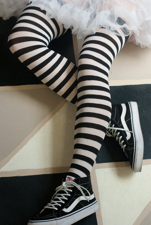 Striped Nylon Thigh High - Black & White