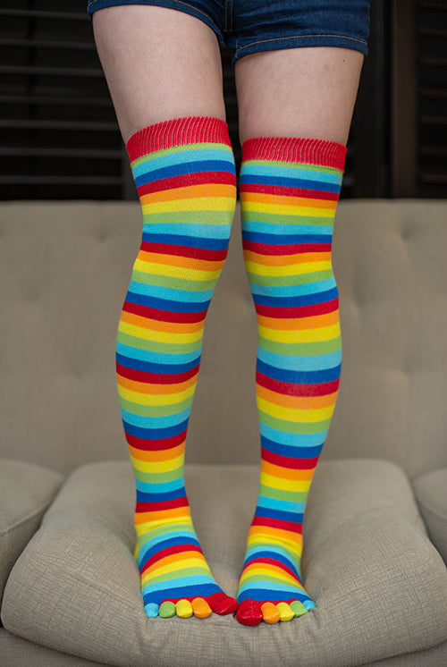 Striped Over the Knee Toe Socks - Rainbow