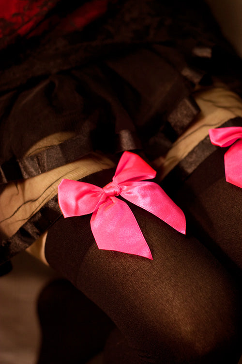 Opaque Thigh High Stockings with Bow - Black with Neon Pink