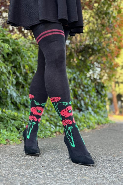 Botanical Nouveau Thigh High Socks - red poppies