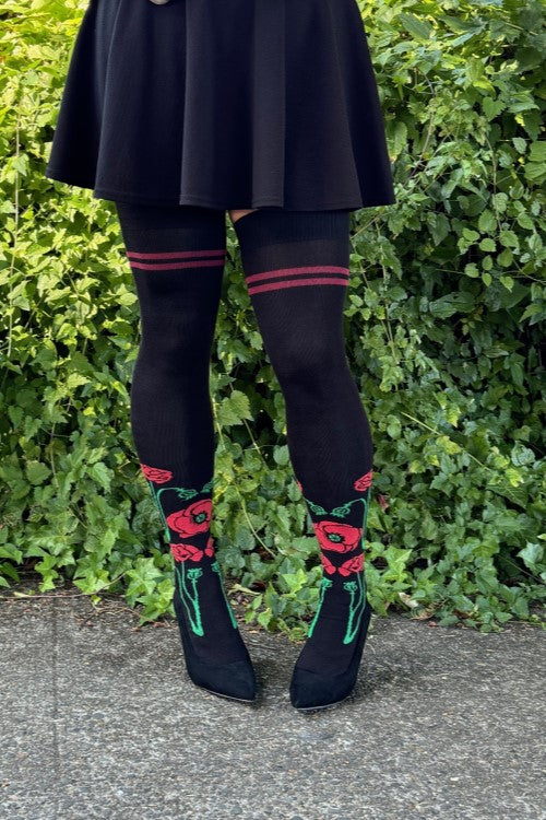 Botanical Nouveau Thigh High Socks - red poppies