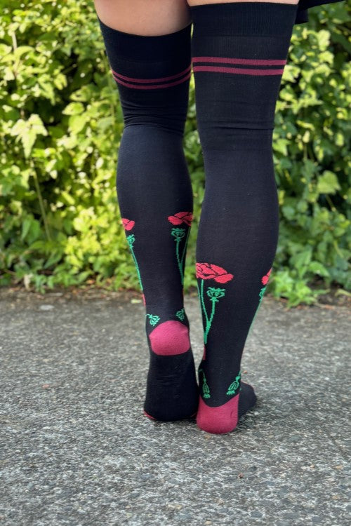 Botanical Nouveau Thigh High Socks - red poppies