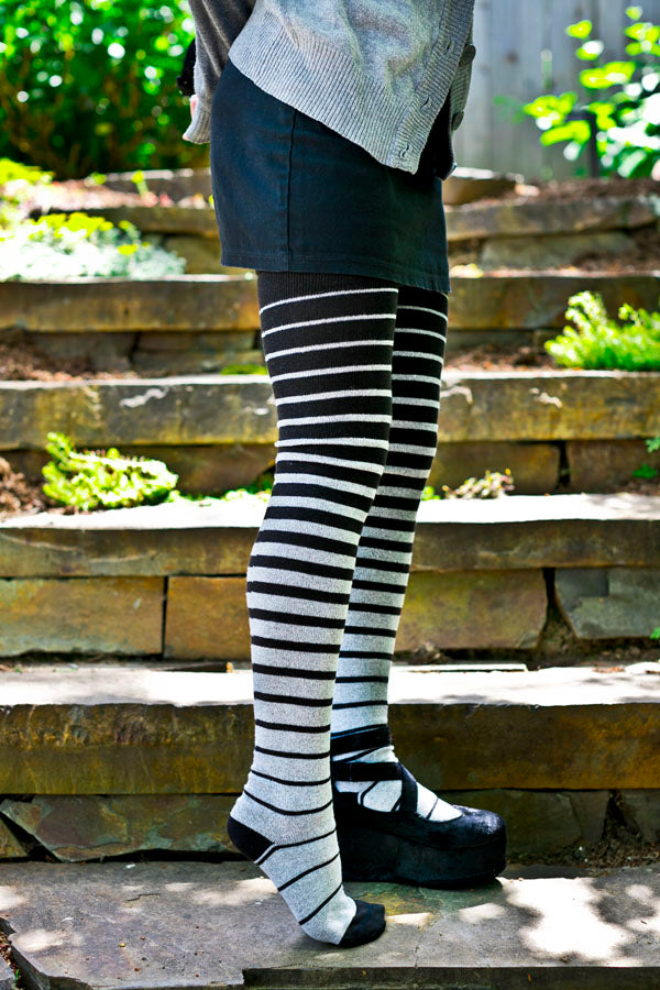 Longer Gradient Stripe Extraordinary Thigh High  - Black and Grey