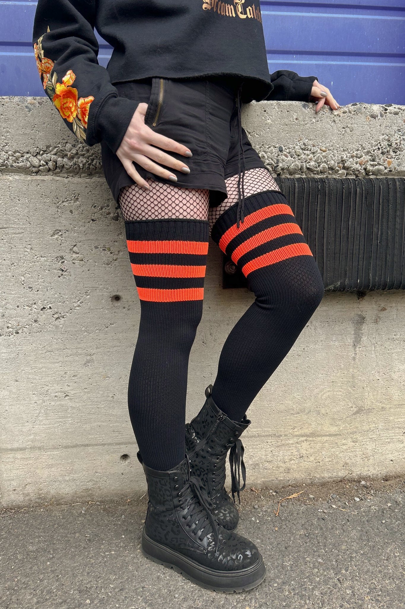 Neon Power Stripe Thigh High Socks - Neon Orange