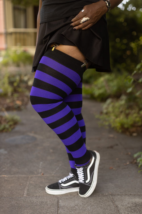 XL Foot Longer Extraordinary Programming Thigh Highs in black and purple
