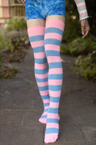 XL Foot Longer Extraordinary Programming Thigh Highs in pink and blue
