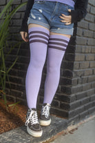 Longer Cotton Top-Striped Extraordinary Thigh High - Lilac with Plum
