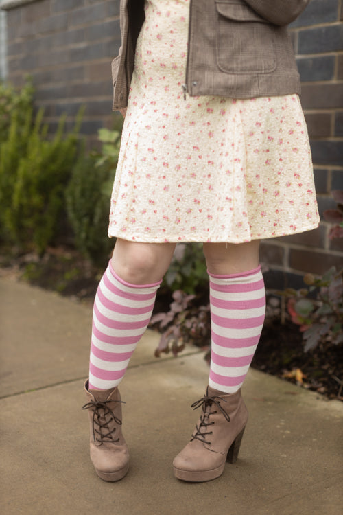 Roll Top Striped Knee High Socks - Bubblegum/Sweet Cream
