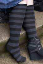 Roll Top Striped Knee Socks - Black/Dark Charcoal