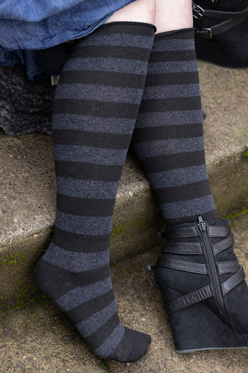 Roll Top Striped Knee Socks - Black/Dark Charcoal