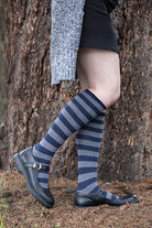 Roll Top Striped Knee High Socks - Navy/Charcoal
