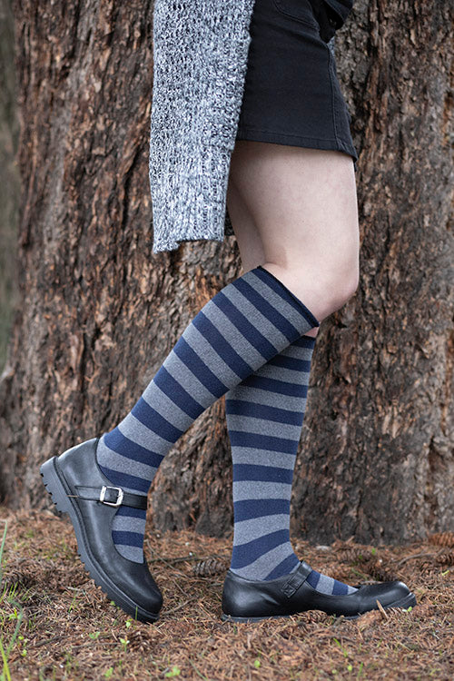 Roll Top Striped Knee High Socks - Navy/Charcoal