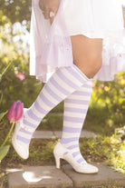 Roll Top Striped Knee High Socks - Lilac/Sweet Cream