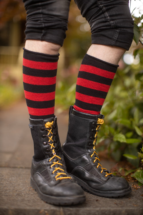 Roll Top Striped Knee High Socks - Black/Red