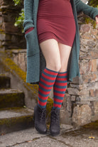 Roll Top Striped Knee High Socks - Teal/Red
