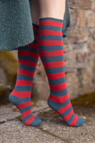 Roll Top Striped Knee High Socks - Teal/Red