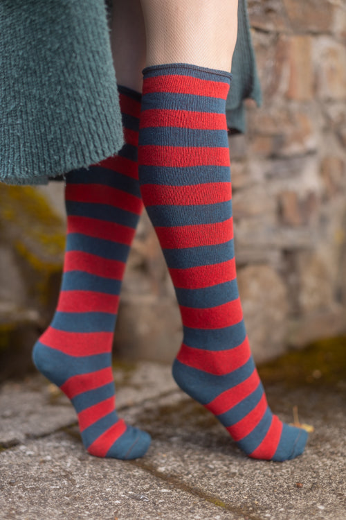 Roll Top Striped Knee High Socks - Teal/Red