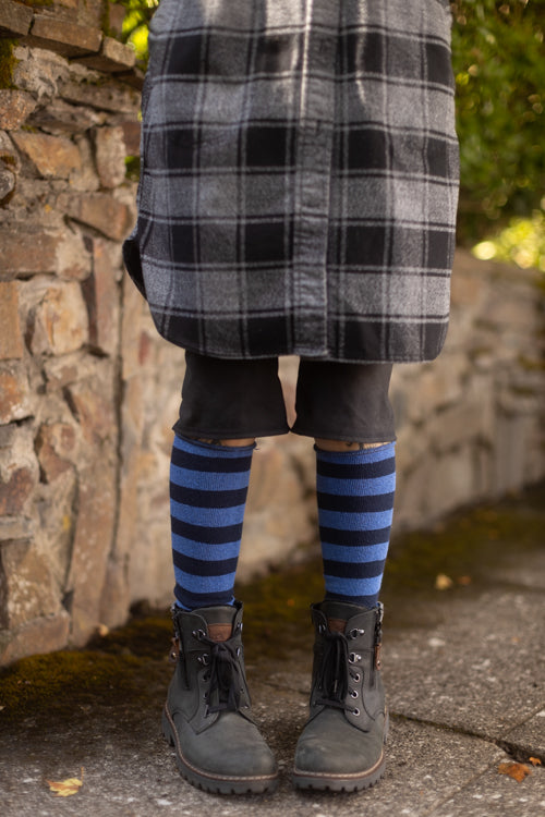 Roll Top Striped Knee High Socks - Navy/Azule