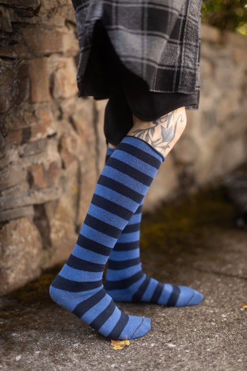 Roll Top Striped Knee High Socks - Navy/Azule