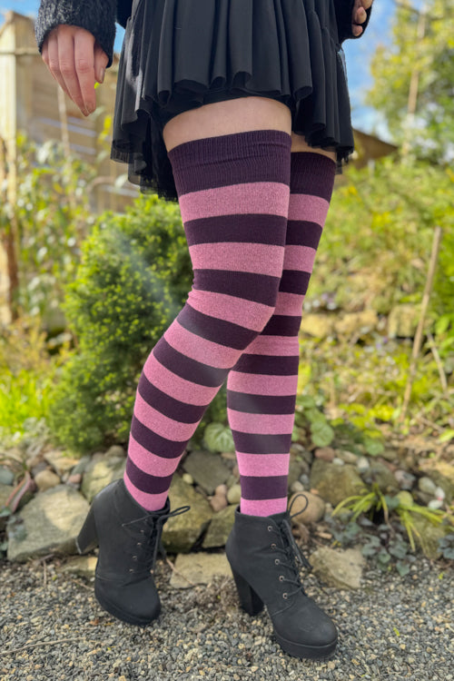 Longer Striped Extraordinary Thigh High in Plum and Burgundy