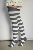 Longer Striped Extraordinary Thigh High Socks - Steel & Sweet Cream