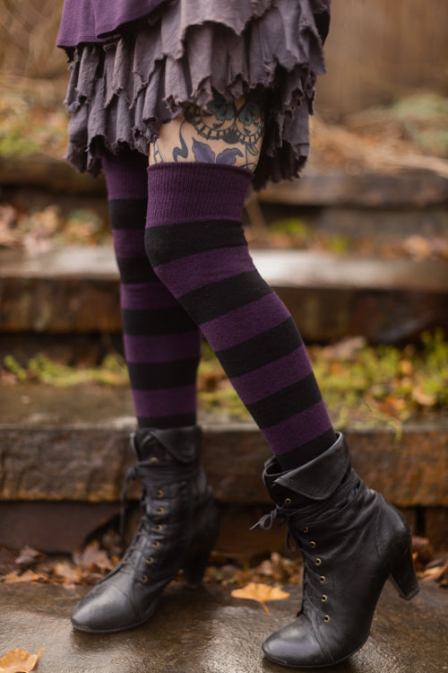 Striped Extraordinary Thigh High Socks - Plum/Black