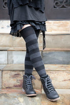 Striped Extraordinary Thigh High Socks - Black/Dark Charcoal