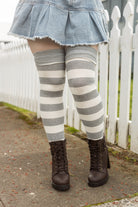 Longer Striped Extraordinary Thigh High Socks - Grey & Sweet Cream