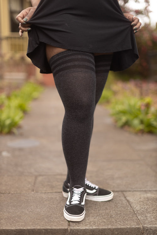 XL Foot Cotton Top-Striped Extraordinary Thigh High - Dark Charcoal with Black