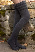Longer Cotton Top-Striped Extraordinary Thigh High - Dark Charcoal with Black