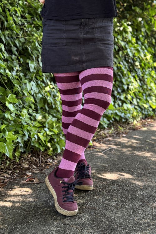 Longer Striped Extraordinary Thigh High Socks - Burgundy/Bubblegum