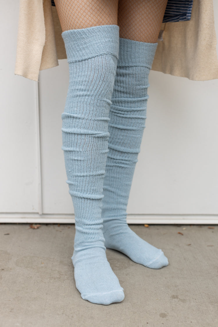 Larger Footed Long Cuffable Scrunchable Socks  - Light Blue