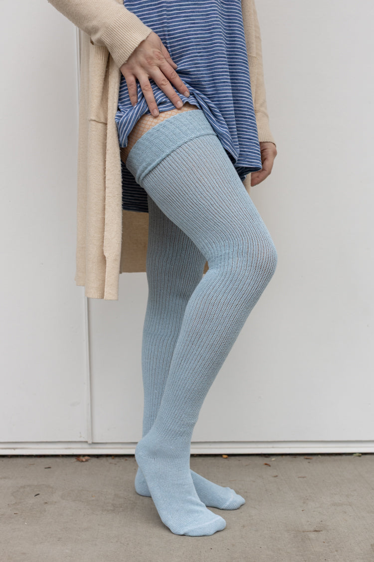 Larger Footed Long Cuffable Scrunchable Socks  - Light Blue