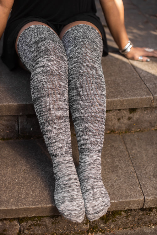Marled Scrunchable Thigh High Socks - Black