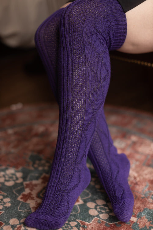 Longer Diamond Rib Knee Socks - Purple