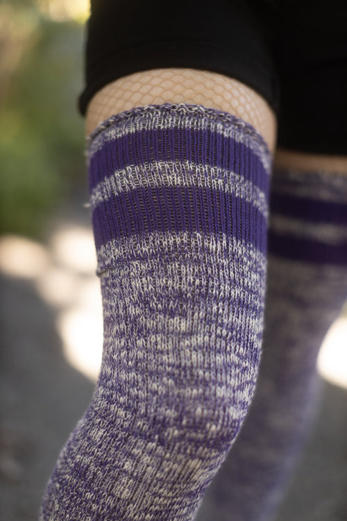 Top-Striped Marled Scrunchable Thigh High Socks - Violet