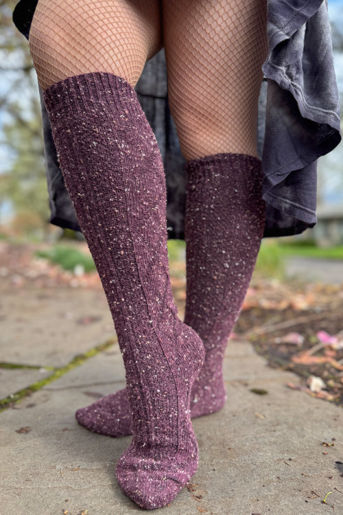 Tweed Knit Diamond Rib Socks - Eggplant