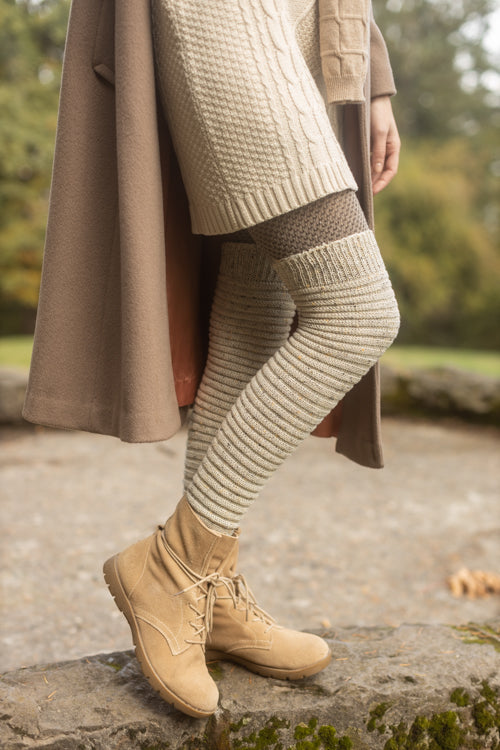Slinky Tweed Knit Thigh High Socks - Oatmeal