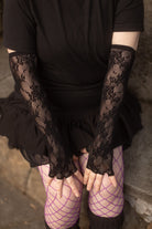 Floral Lace Long Fingerless Gloves - Black