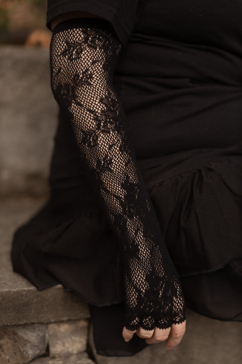 Floral Lace Long Fingerless Gloves - Black