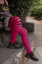 Striped Nylon Thigh High - Black and Neon Pink