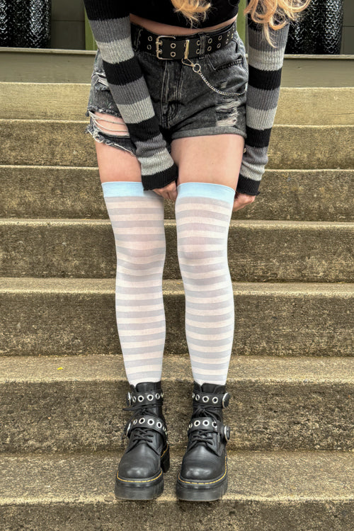Striped Nylon Thigh High - White & Light Blue