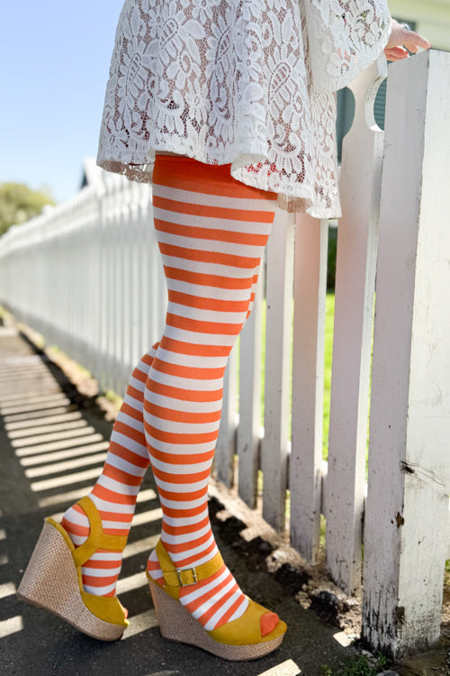 Striped Nylon Thigh High - White/Orange