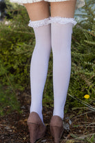 Lace Garter Sheer Striped Thigh Highs with Satin Bow - White