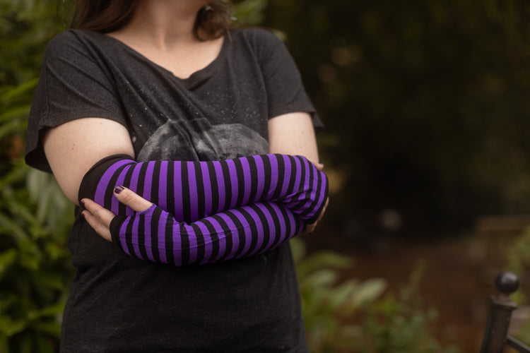 Striped Nylon Arm Warmers - Black &  Purple