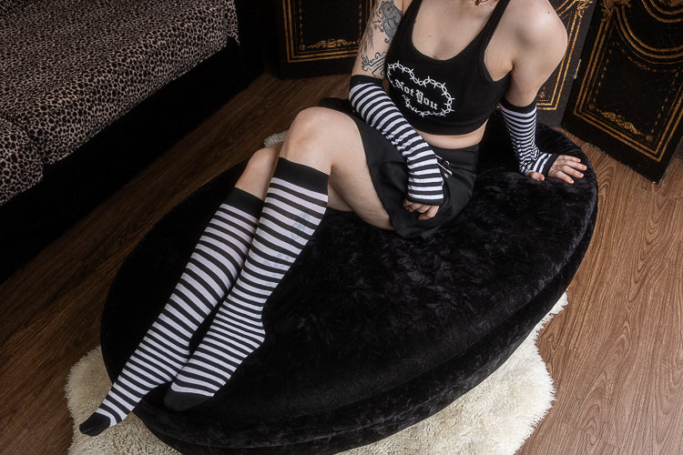 Striped Nylon Knee Highs - Black & White