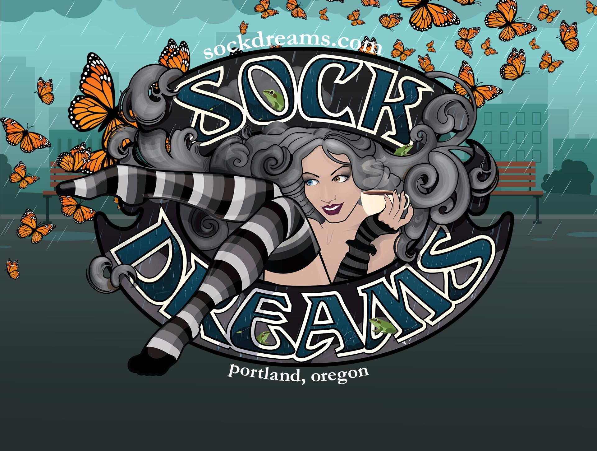Sock Dreams logo sticker featuring Portland Striped Thigh Highs and pacific tree frogs
