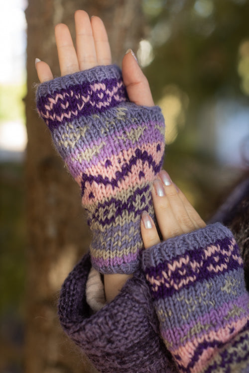 Geometric Wool Arm Warmers - Purple